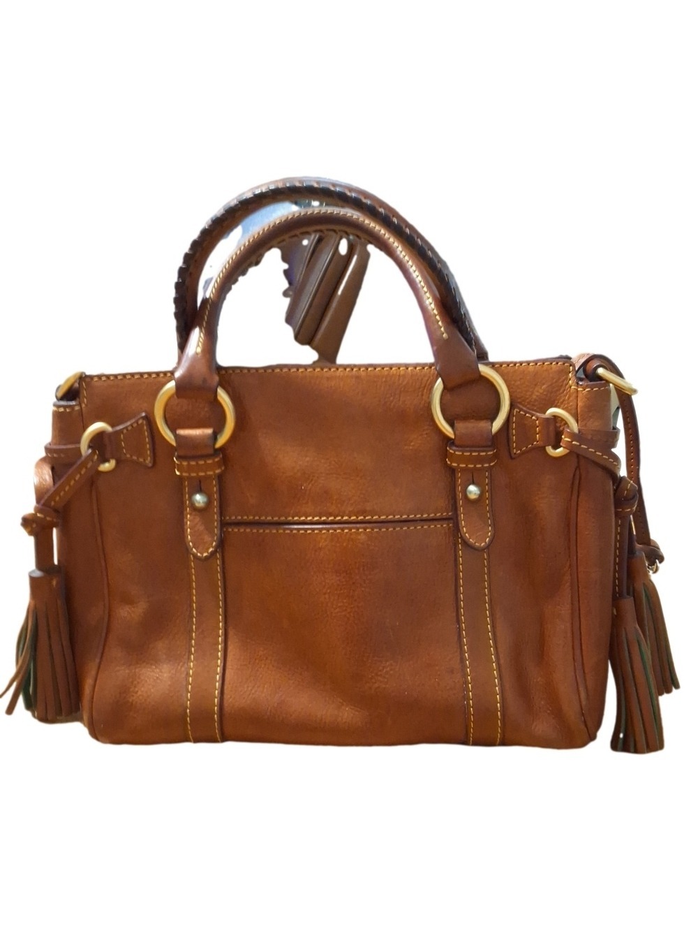Vintage Authentic Dooney & Bourke Cognac Leather Satchel with Tassels - Picture 3 of 11
